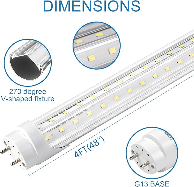 T8 LED Bulbs 4 Foot, 30 Pack 36W 4680LM 5000K Daylight White Type B 4FT LED Tube Lights, T8 T10 T12 Fluorescent Replacement Bulbs, Ballast Bypass, V-Shaped, Double Ended Power, Clear Cover