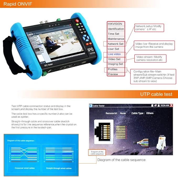 Koolertron 7" IPS Touch Screen 4K H.265 IP Camera Tester - IPC-9800 Plus,CCTV, CVBS, Analog Tester, Built-in WiFi, POE, HDMI, RJ45 TDR, Dual Window, 8GB TF Card, Firmware