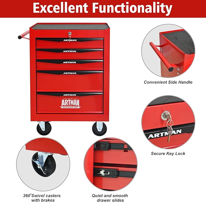 5 Drawers Rolling Tool Box on Wheels, Multifunctional Tool Chest Cabinet with Lock, Drawers Rolling Tool Cart Trolley Organizer Tool Storage Case for Warehouse,Garage,Workshop (Red)