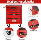 5 Drawers Rolling Tool Box on Wheels, Multifunctional Tool Chest Cabinet with Lock, Drawers Rolling Tool Cart Trolley Organizer Tool Storage Case for Warehouse,Garage,Workshop (Red)