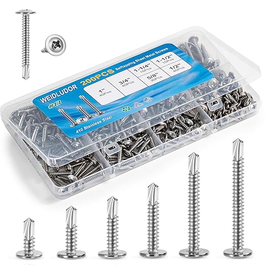 200PCS Sheet Metal Self-Drilling Screws Assortment Kit - #8 Truss Head Stainless Steel Self-Tapping Screws, 6 Sizes (1/2" to 1-1/2") for Sheet Metal, Auto & Roofing