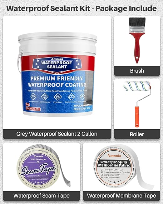 Polyurethane Waterproof Coating 2 Gallon, Light Gray, Multi-Surface Crack & Leak Repair Coating for Roofs, Basements, Foundations, Chimneys, Durable Flexible Protective Roof Sealant Waterproof