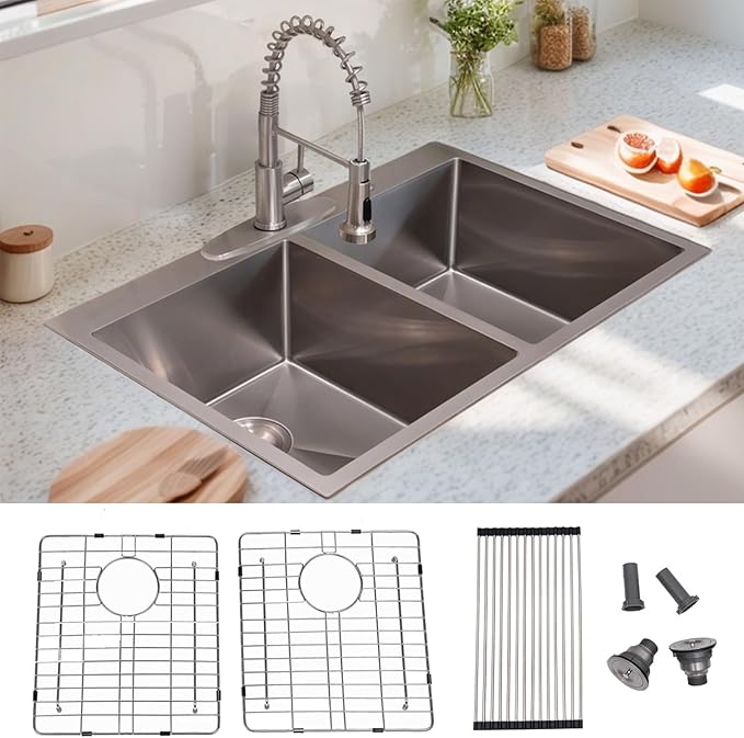 SHACO 33x22 Inch 50/50 Double Bowl Drop In Kitchen Sink 16 Gauge 33 Inch Stainless Steel Kitchen Sink Top Mount with Grid and Accessories