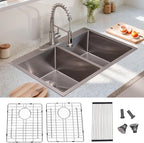 SHACO 33x22 Inch 50/50 Double Bowl Drop In Kitchen Sink 16 Gauge 33 Inch Stainless Steel Kitchen Sink Top Mount with Grid and Accessories