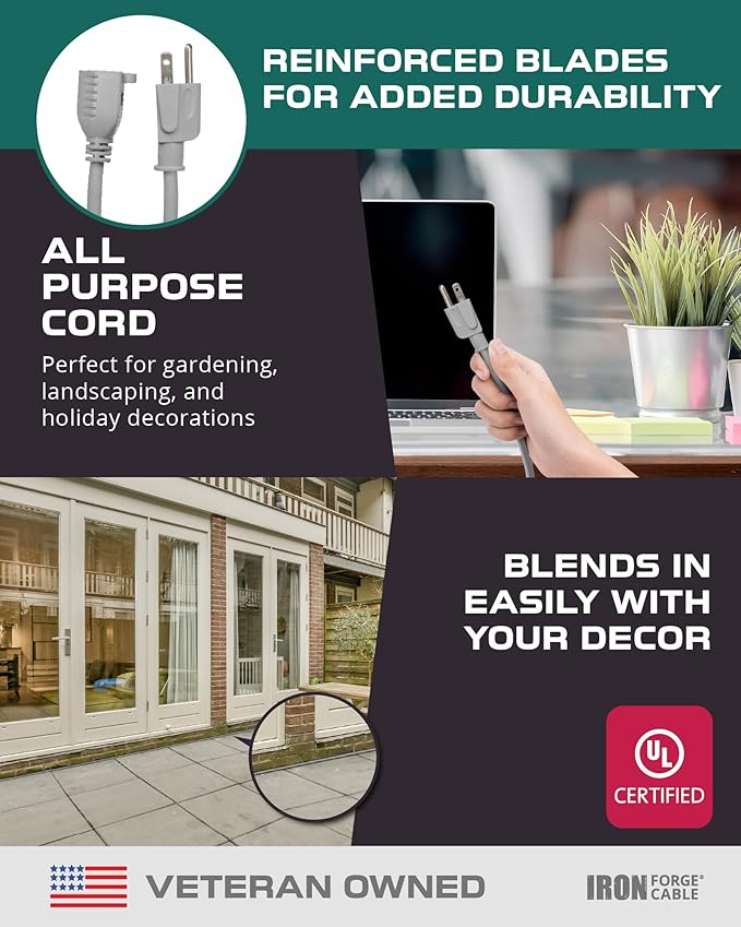 Iron Forge Cable Gray Outdoor Extension Cord 6 ft, 16/3 SJTW 6 Foot Grey 3 Prong Extension Cord Outdoor & Indoor, Weatherproof 13 Amp Heavy Duty Power Cable