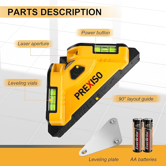 PREXISO Square Laser - 30Ft Flooring Laser Level, Tile Laser Line Projection, Angle 90° Magnetic Leveling Tool, Square Built-In 2 Bubble Vials With Wall Panel Stand for Installation, Construction