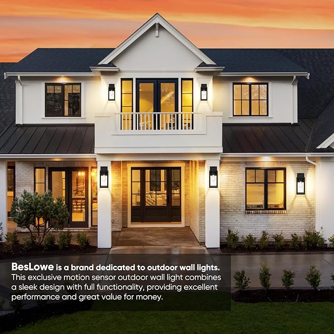 BesLowe 13" Upgraded Motion Sensor Outdoor Wall Lights, 2-Pack Dusk to Dawn Porch Light Outdoor Wall Sconce Lanterns, 3 Lighting Modes Exterior Lighting Fixtures, Black Outside Lights for House Garage