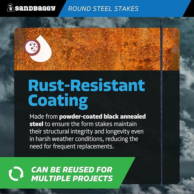 Sandbaggy 72" Round Steel Concrete Form Stakes with Nail Holes - Rust Resistant Coating - Removable, Reusable (5)