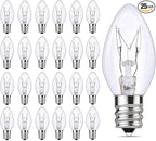 SkrLights 25 Pack C7 Clear Bulbs Christmas Light Bulbs C7 Outdoor String Light Replacement Bulbs, C7/E12 Candelabra Base, 5 Watt-Clear