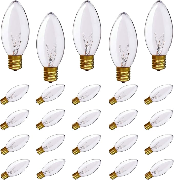 SUNSGNE 25 Pack C9 Clear Replacement Bulbs, C9 Christmas Light Bulbs Clear Incandescent Bulbs for Christmas Vintage String Light, E17 Intermediate Base, 7 Watt