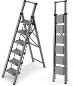 WOA WOA 6 Step Ladder for 12 Feet High Ceiling, Lightweight Foldable Ladder with Non-Slip Wide Pedals, Stepladder with Safe Handrail, Space Saving for Home, Kitchen, Indoor & Outdoor 300lbs - Black