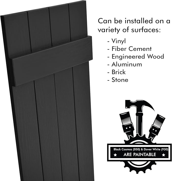 Board & Batten Vinyl Shutters (1 Pair) | 14.5"x35" (4-Board) - Black Cosmos/Paintable | Exterior Window Shutters | Includes Mounting Hardware | Simple Installation | Made in USA