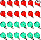 24Pack G40 Christmas LED String Lights Bulbs, E12 Screw Base Shatterproof Red & Green Bulbs for Outdoor Holiday Decor 120V 0.6W Dimmable Equivalent to 7W, Christmas Tree & Patio Lighting