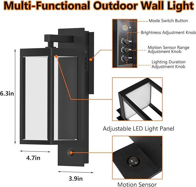 Dusk to Dawn Outdoor Wall Light with Built-in LED, 3 Adjustable Modes, All Aluminum Waterproof IP65 - Exterior Light Fixture for Porch, Garage, Front Door, House