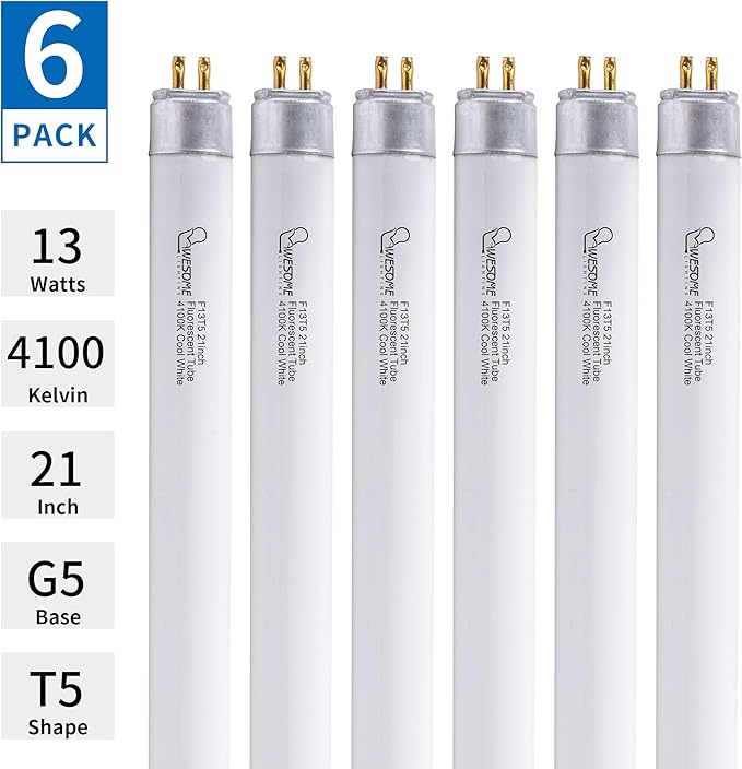 21 Inch F13T5/CW Fluorescent Light Bulb, T5 13 Watts, 4100K Cool White Under Counter Light Bulbs, Replacement Bulb for Under Cabinet Light, G5 Mini Bi-Pin Base - 6 Pack