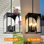 VINLUZ Large Outdoor Indoor Pendant Light 4-Light, Classic Black Finish Metal Chandelier Outside Hanging Fixture Ceiling Mount with Clear Glass Shade for Front Porch Entrance Foyer