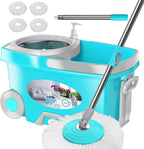 FunClean Spin Mop and Bucket,Mop and Bucket with Wringer Set for Home,360 Spinning Mopping Floor Cleaning Tool with 4 Microfiber Replacement Head Refills,61" Extended Handle, 2X Wheel - Blue