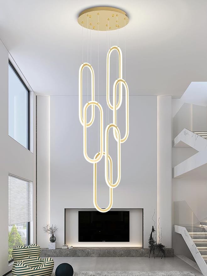 Flashing God Modern Chandelier,Gold Chandeliers 6 Ring Led Foyer Chandeliers,Larger High Ceiling Chandelier for Living Room,Rectangle Chandelier for Entryway Staircase