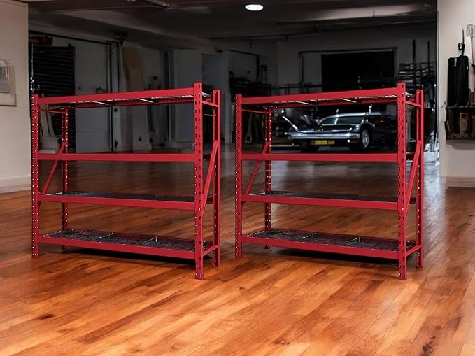 Heavy Duty Member Mark 4-Shelf Industrial Storage Rack, 77" W x 24" D x 72" H (Red, 2 Pack)