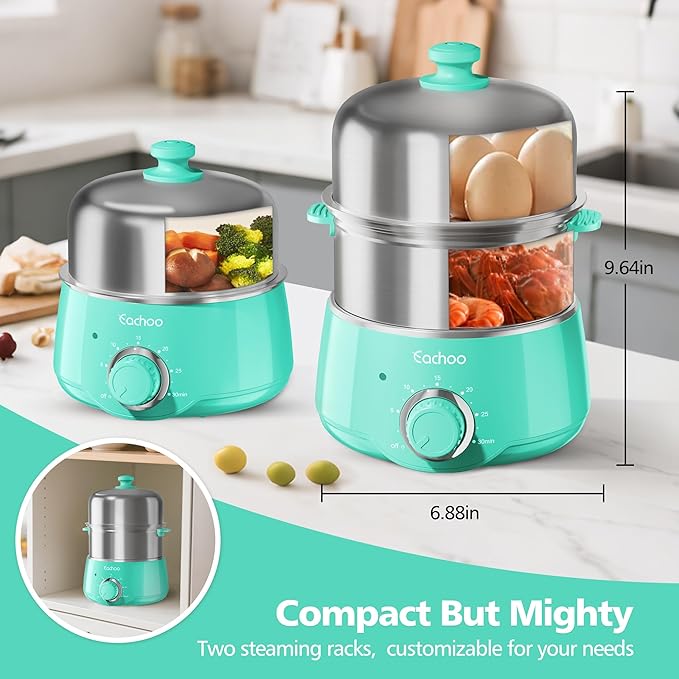 Hard Boiled Egg Cooker - CACHOO 14-Egg Rapid Stainless Steel Egg Boiler with 30-Min Timer & Auto Shut Off, Compact Electric Vegetable Steamer for Cooking, Dishwasher Safe, Aqua