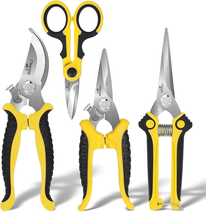 4-Pack Multifunctional Garden Scissors Set-Yellow-BIDMLI Stainless Steel Pruning &Floral Shears with One-Piece Handle Blades Tree Pruning, Flower Trimming, Fruit Picking Tasks Home&Garden Tool.