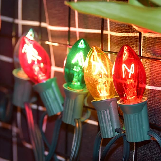 SUNSGNE C7 Multicolor Christmas Replacement Bulbs, Clear Multicolor Incandescent Light Bulbs for C7 Outdoor Patio Christmas String Lights, E12 Candelabra Base, 5 Watt, 25 Pack