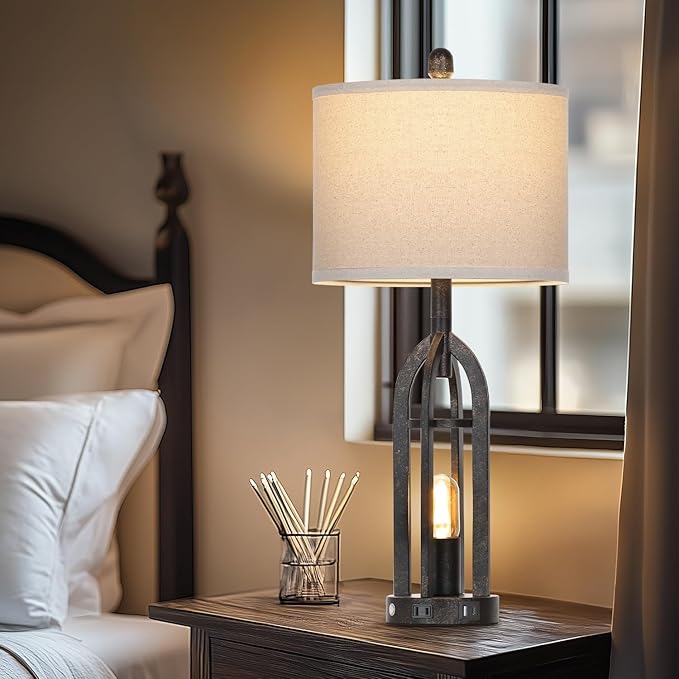 27" Rustic Table Lamps for Living Room - Farmhouse Lamps Set of 2 with USB C+A & Outlet, 3-Way Dimmable Touch Lamps for Night Stands, Vintage Bedside Lamp for End Tables,Bedroom,Bronze
