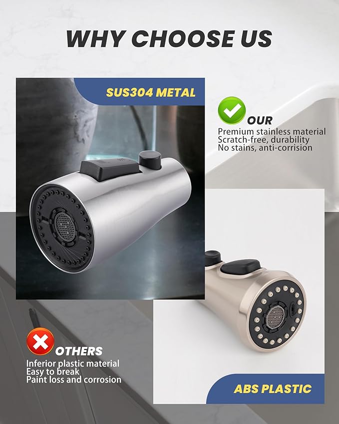 Metal Kitchen Faucet Head Replacement: 3-Function Pull Down Spray Nozzle with 9 Adapters, Sink Sprayer Replacement Compatible with Moen, Delta, American Standard Faucets, Brushed Nickel