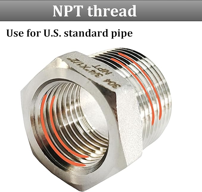 2 Pcs Reducer Hex Bushing, 304 Stainless Steel 1" Male NPT to 3/4" Female NPT（ 1"MNPT - 3/4"FNPT） Pipe Fitting Hex Bushing, Heavy Duty Pipe Fitting Reducer Adapter