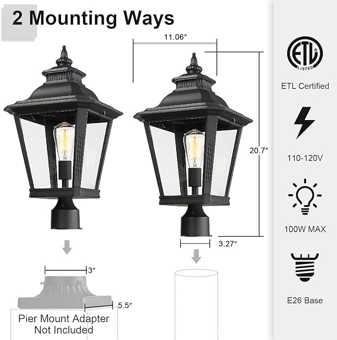 Large Outdoor Post Light Fixtures 21'' Lamp Post Light Fixture Black Finish Waterproof Anti-Rust Aluminum Pillar Outside Lighting for Walkway, Driveway, Patio, Porch