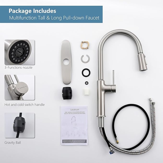 Kitchen Sink Faucets Brushed Nickel, High Arc Single Handle Kitchen Faucet with Pull Down Sprayer, Solid Brass Tall Kitchen Faucets