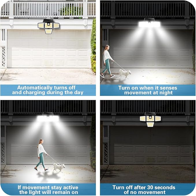 AmeriTop Solar Lights Outdoor, 2 Pack LED High Brightness Cordless Solar Motion Sensor Lights; 4 Adjustable Heads, 320° Wide Angle Illumination, IP65 Waterproof, Security LED Wall Light(Daylight)