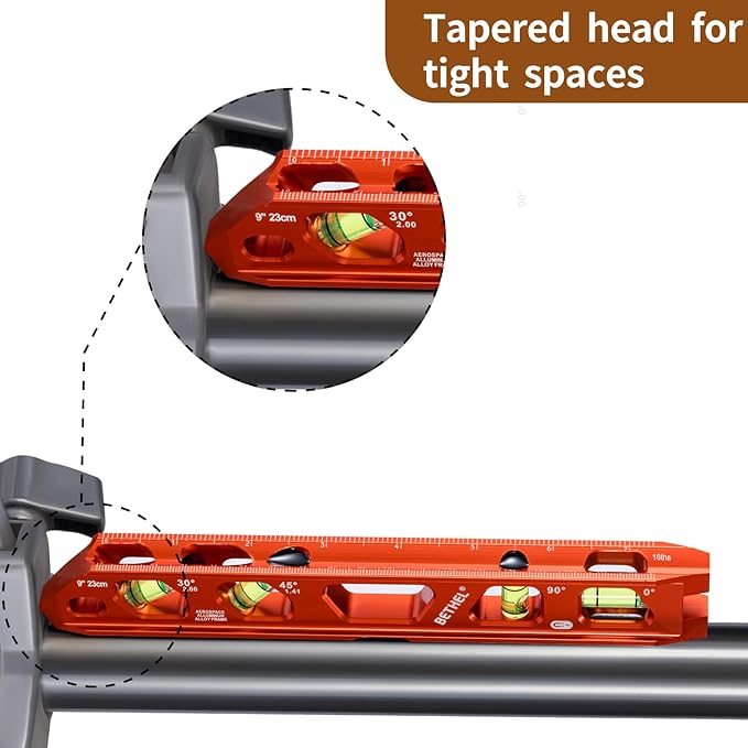 BETHEL 9 Inch Magnetic Torpedo Level with 4 Bubble Vials, V-Groove & Magnetic Rails, Orange Aluminum Alloy Construction