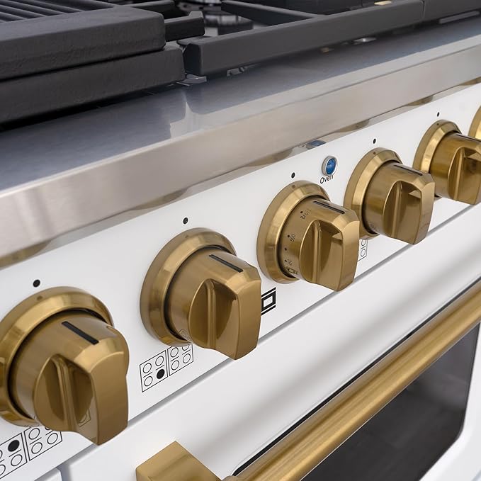 Akicon 48 Inch Freestanding Double Rapid Convection Gas Range - 6.7 cu. ft. Oven - 8 Sealed Burners & Griddle, Heavy Duty Cast Iron Grates (White & Gold)