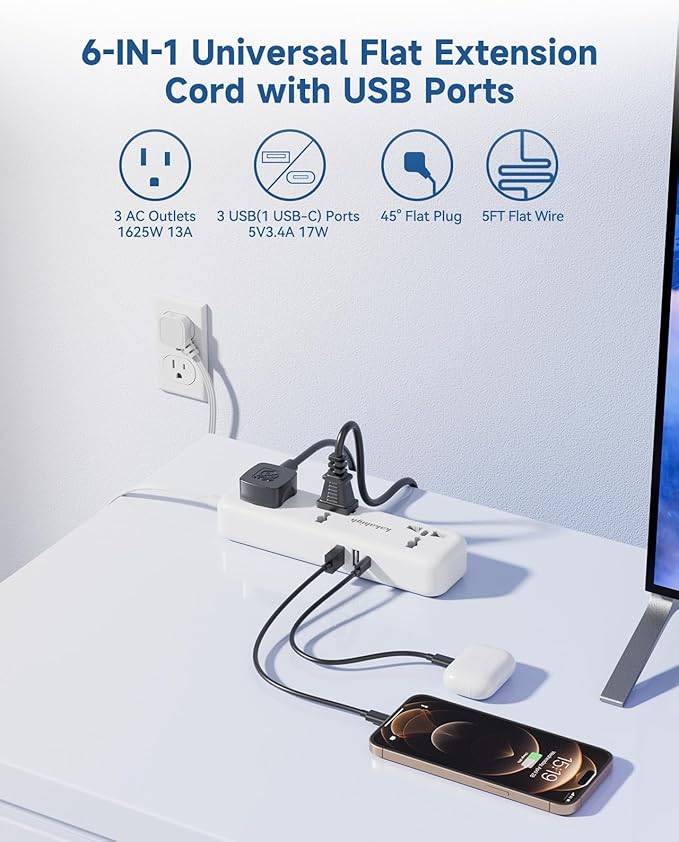 US Plug Adapter with USB Ports, Universal Extension Cord 10 FT, European, UK, Australia, India to US Plug Adapter for Travel & Life, Accepts Type A/B/C/D/E/F/G/H/I/J/K/L/N/O Plugs, White