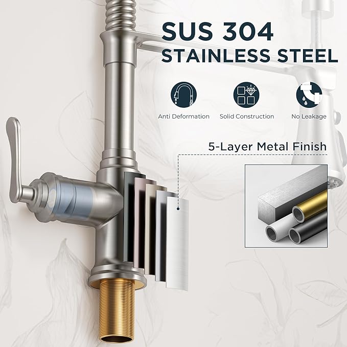 FORIOUS Rustic Kitchen Faucet with Pull Down Sprayer Brushed Nickel, 3 Modes Stainless Steel High Arc Vintage Spring Sink Faucet 1 or 3 Holes for Pot Filler, Farmhouse Camper Wet Bar