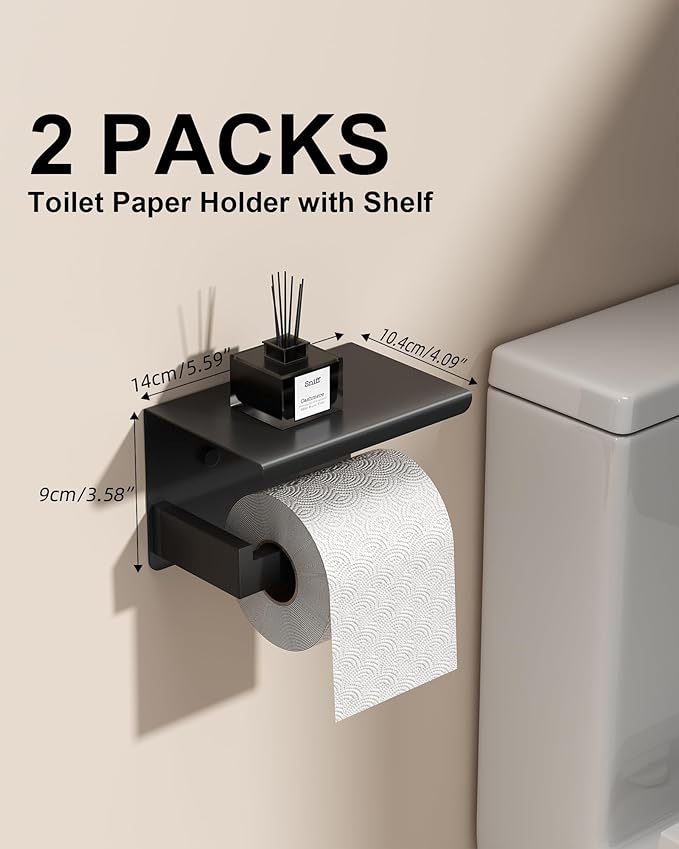 Matte Black Bathroom Hardware Set, 10-Piece Stainless Steel Bathroom Accessories with Double 24" Towel Bars, 2X Toilet Paper Holders with Shelves, 4X Towel Hooks, 2X Towel Rings