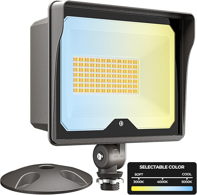 CINOTON 55W LED Flood Light 3CCT (3000K/4000K/5000K), 7700LM Dusk-to-Dawn Photocell Outdoor Security Lighting, 120V IP65 Aluminum Wall Pack for Porch/Barn, 180° Knuckle Mount, 2 Modes, ETL, 1 Pack