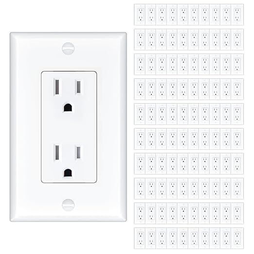 Amico 100 Pack Wall Outlet, 15 Amp Outlets, UL Listed, Tamper Resistant Standard Electrical Outlet, Decorator Receptacle with Wall Plate, Suitable for Home and Business, 125V/1875W, White