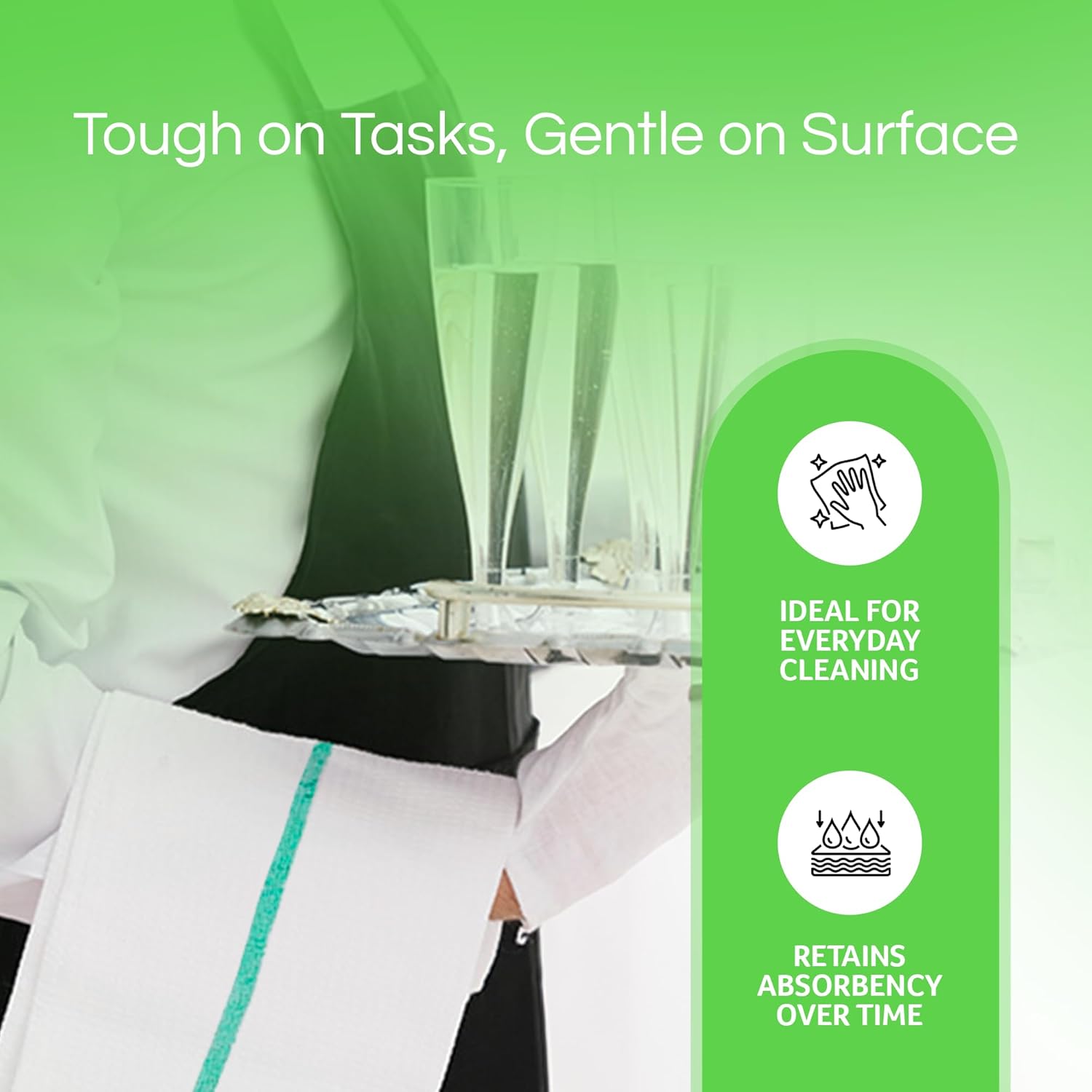 Towels N More 24 Pack 16x19 Bar Mop Towels High Absorbent Cotton Reusable Kitchen Towels - Quick Drying Towels for Chef, Cook, Home, Restaurant, Bar Glass Cleaning Towels (24, Green Stripe)