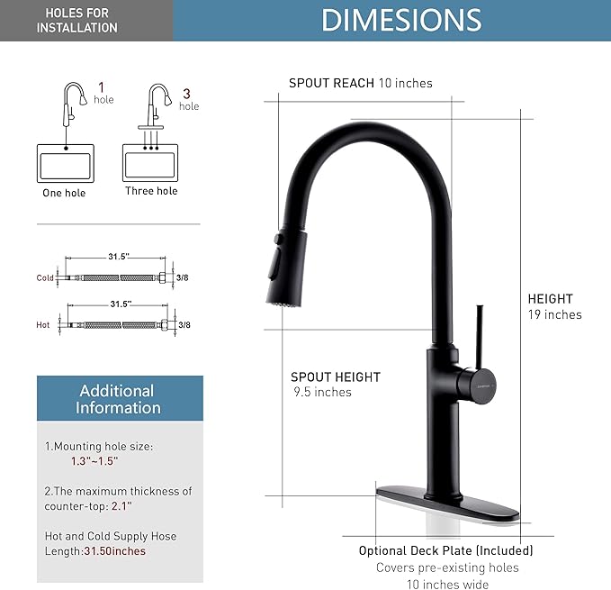 Matte Black Kitchen Faucets High Arc Single Handle Tall Kitchen Faucet with Pull Down Sprayer, Solid Brass 19 inch
