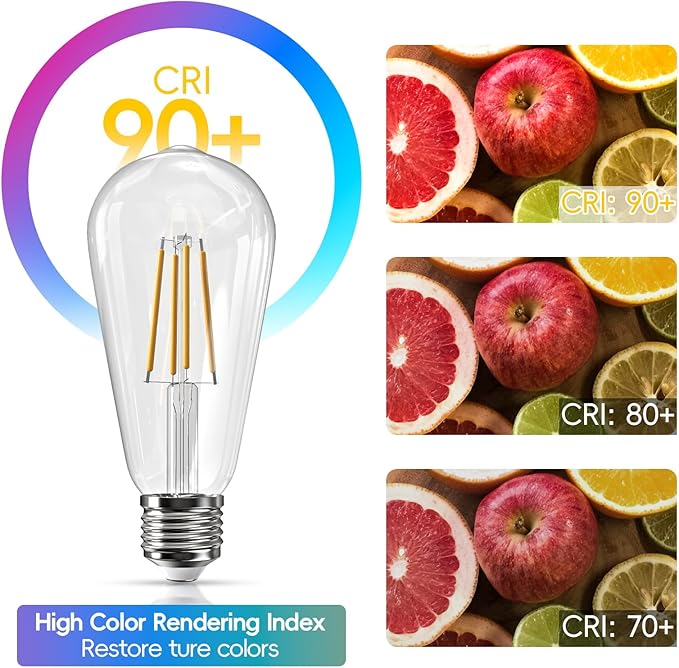 Jensense Edison LED Light Bulbs E26 LED Bulb 60 watt Equivalent Dimmable Light Bulbs 2700K Warm Soft White Vintage 7W LED Edison Bulbs 110V 120V 800 Lumen CRI90, 6 Pack