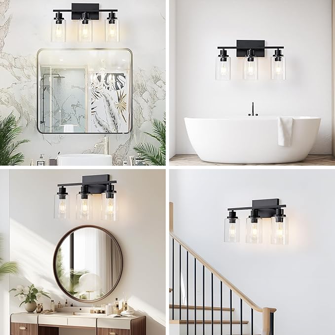 3 Light Bathroom Light Fixtures Black Vanity Light Over Mirror Modern Farmhouse Wall Lighting Sconces Rustic Industrial Wall Lamp for Bathroom, Bedroom, Living Room E26 Socket with Glass Shade