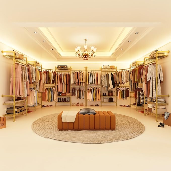 H6 Wall Mounted Closet System, Industrial Pipe Clothes Rack Clothing Racks with 6 Telescopic Rods & 3 Fixing Rods & 9 Shelves, Heavy Duty Closet Organizers and Storage in Wardrobe Closet (Gold)