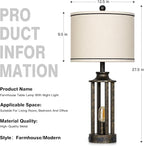 27.5" Bronze Farmhouse Table Lamps for Living Room, Tall Vintage Lamps Set of 2 with USB A+C Charging Port & AC Outlet, Rustic Bedside Lamp with Night Light, Bedroom Lamp for Nightstand Side End Table