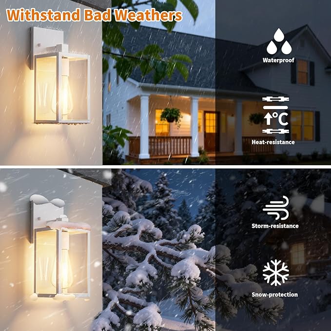 2 Pack White Exterior Lighting Fixtures Wall Mount, Outside Front Porch Lights for House, Outdoor Lantern Lamp, Waterproof Wall Sconce Lights, Coach Light for Garage Entryway