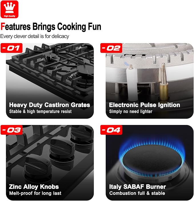 GASLAND 30 Inch Gas Cooktop Black, 4 Sabaf Sealed Burner Gas Stovetop, 4 ft Cord Plug, Heavy Duty Cast Iron Grates with Metal Knobs, 28,300 BTU NG/LPG Convertible
