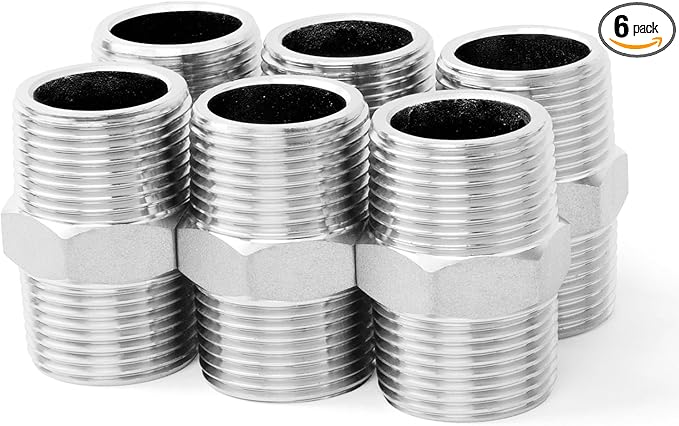 ChillWaves 304 Stainless Steel Pipe Fitting, Hex Nipple 1/2" NPT Male x 1/2" NPT Male Thread Adapter(6-PACK)