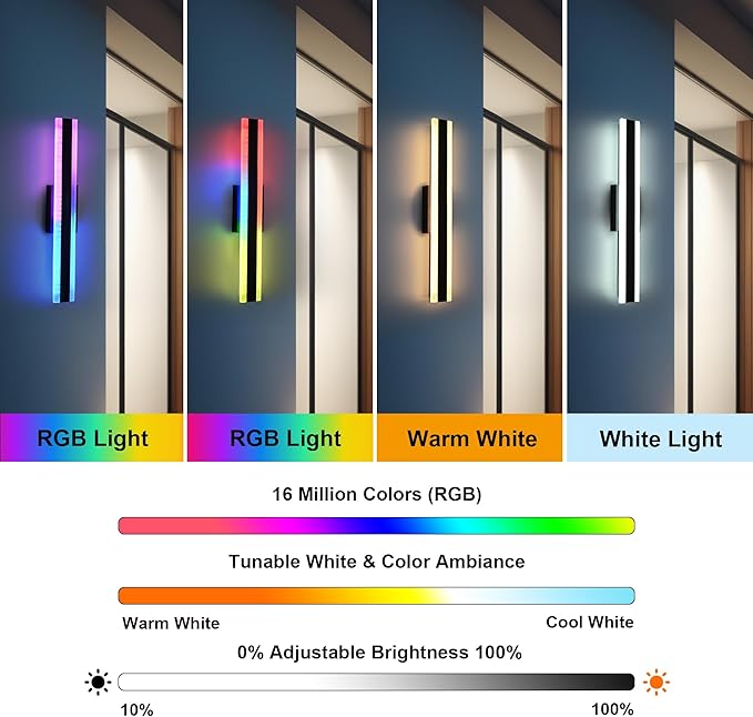 TODOLUZ 2-Pack 24-Inch Outdoor RGB Wall Light Fixture, IP65 Waterproof 16W Dimmable LED Linear Wall Sconce Lighting with Remote Control for Porch Garage Party Gathering