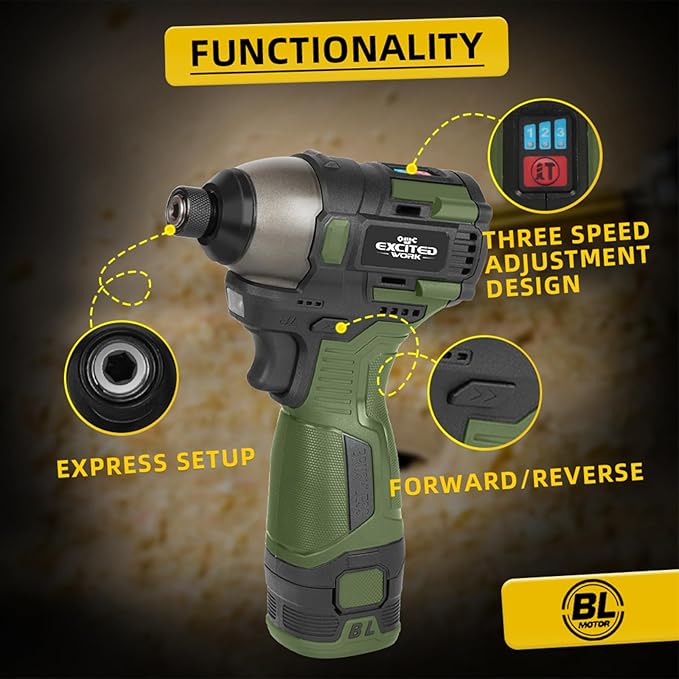 17V Brushless Screwdriver, 140Nm Cordless Impact Driver Set with 3 Adjustable Speed, 2 Batteries and Led Work Light